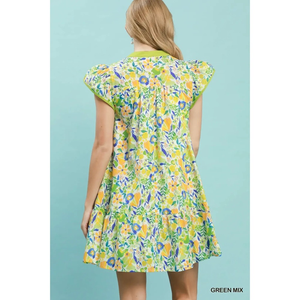 Umgee Floral Flutter Sleeve Tiered Mini Dress - Green Mix - Small - Picture 3 of 5